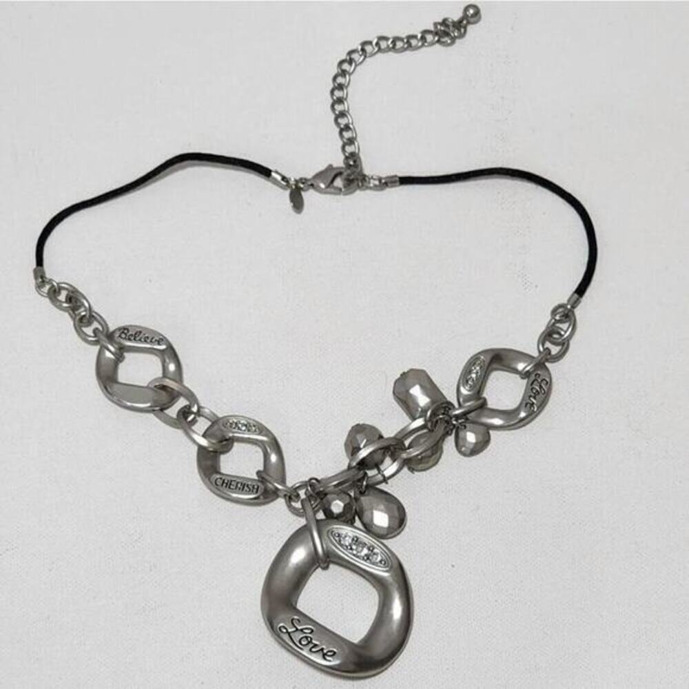 Chico's silver tone jeweled believe, cherish, love pendant charm necklace